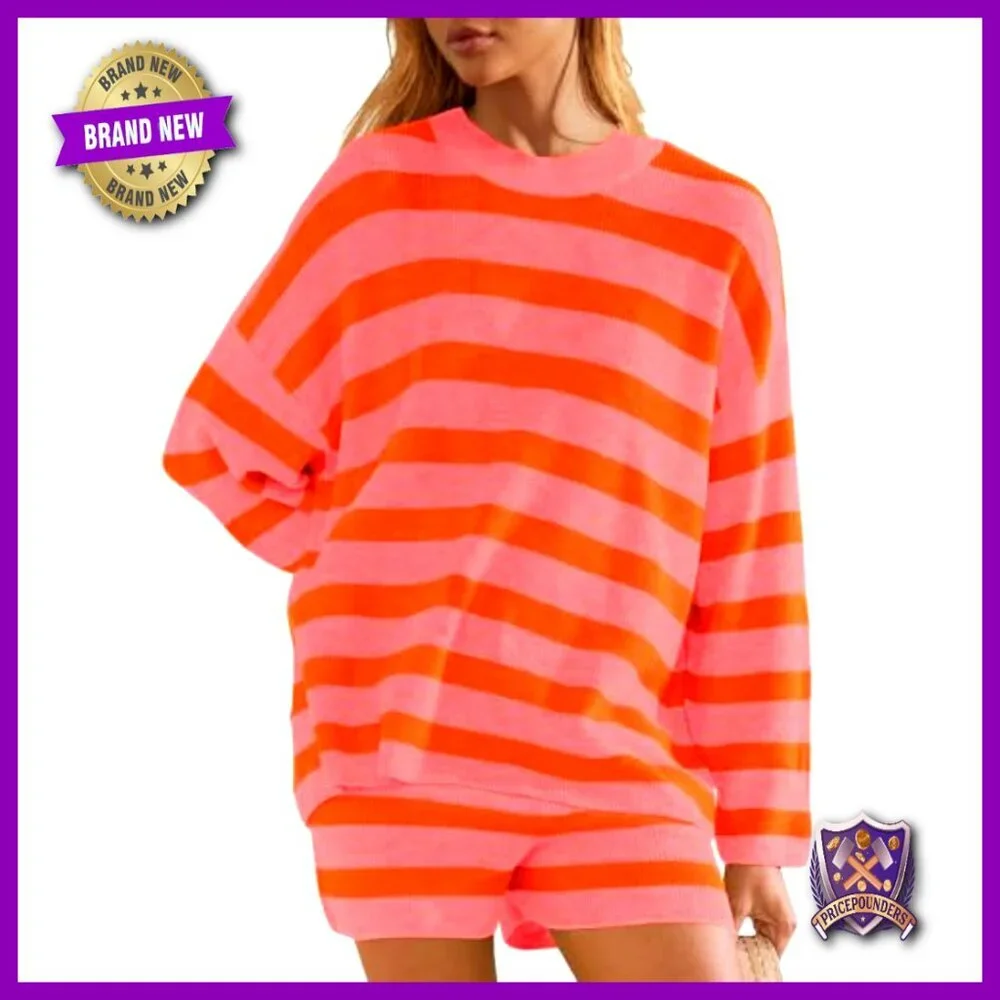 Oversized Striped Sweater Set with Shorts Lounge Pajamas Large